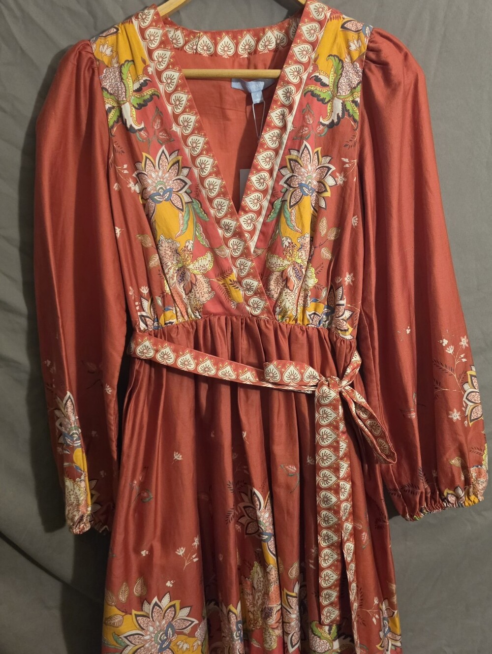 NWT Antonio Melani Sz 2 Red Boho Floral V-Neck Puff Sleeve Tie Waist Mini Dress